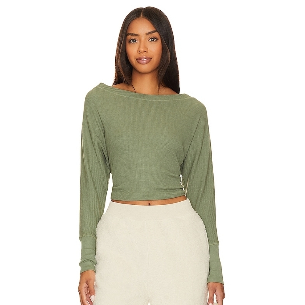 Revolve Boat Neck Long Sleeve Top Women's S Green Sprout Bobi Brand Waffle Knit